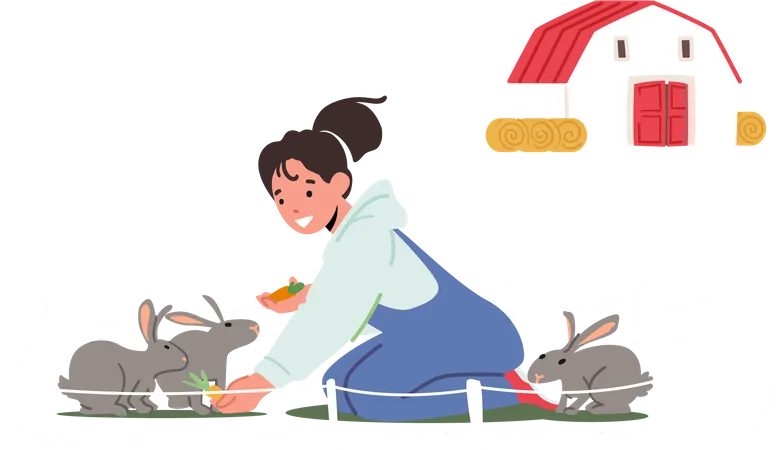 Little girl feeding carrot to rabbits  Illustration