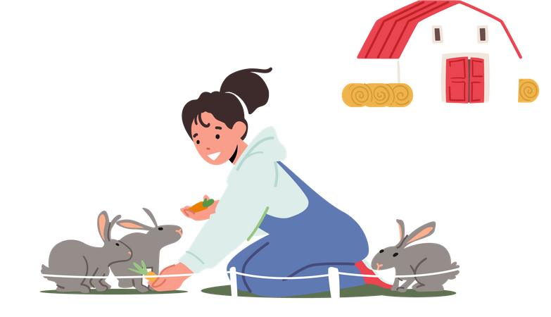 Little girl feeding carrot to rabbits  イラスト