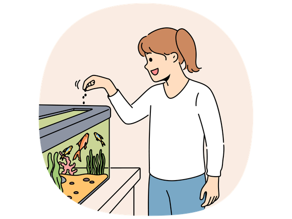 Little girl feeds fish in aquarium and watches underwater pets swimming with pleasure  Illustration