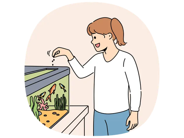 Little girl feeds fish in aquarium and watches underwater pets swimming with pleasure  Illustration