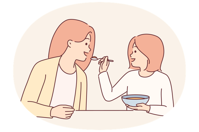 小さな女の子が、台所のテーブルに座って一緒に時間を過ごしながら朝食中にスプーンで母親に食事を与えている。  イラスト