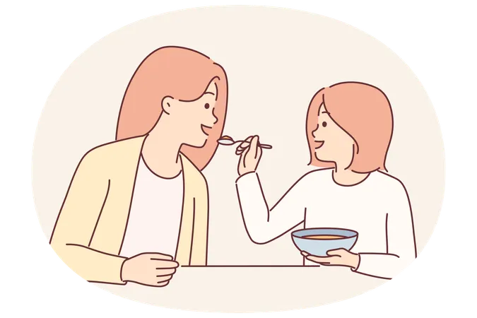 小さな女の子が、台所のテーブルに座って一緒に時間を過ごしながら朝食中にスプーンで母親に食事を与えている。  イラスト