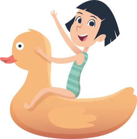 Little girl floating on rubber duck  イラスト