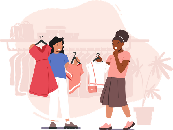Little Girl Friends Choosing Dress Collection in Apparel Store Illustration