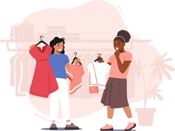 Little Girl Friends Choosing Dress Collection in Apparel Store Illustration