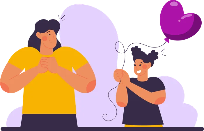 Illustration A Girl Gives A Heart Shaped Balloon To Her Mother There Is Warmth In The Family And Harmony Between Mother And Child So This Illustration Can Be Used For Posters Websites Education Illustration