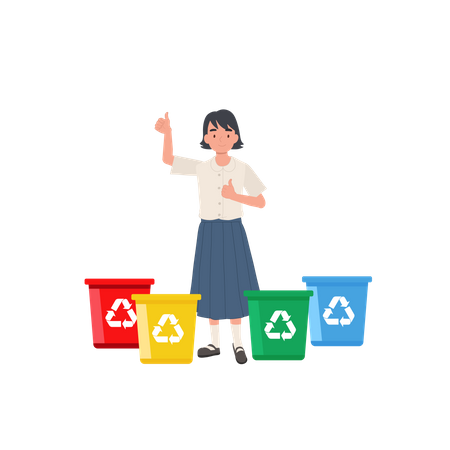 Little girl giving thumb up while explaining about color of recycle bin  Illustration