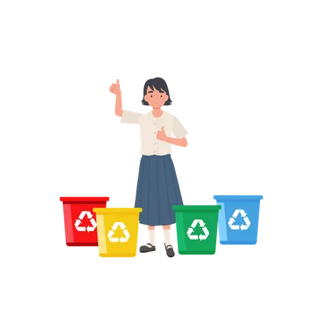 Kids With Recycling Garbage Girl Is Giving Thumb Up While Explaining About The Color Of Recycle Bin Illustration
