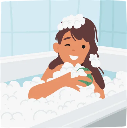 Little Girl Gleefully Lathering Body With Sponge In Bath Surrounded By Gentle Bubbles Making Bath Time Fun And Joyful Experience Hygiene Daily Routine Concept Cartoon People Vector Illustration Illustration