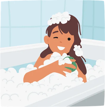 Little Girl Gleefully Lathering Body With Sponge In Bath  Illustration