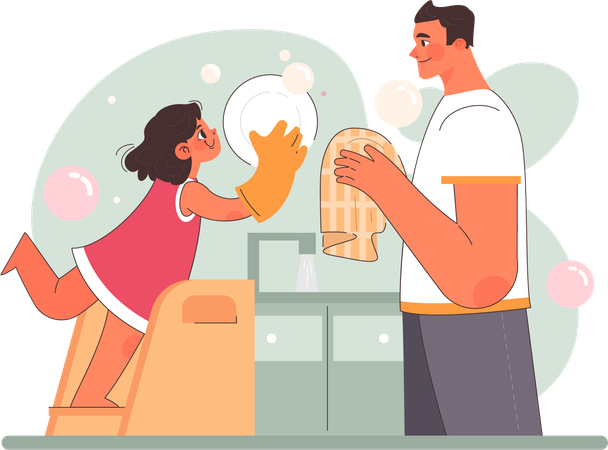 Little girl helping father for washing dish  Illustration