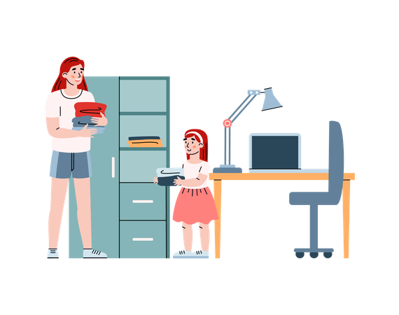 Little girl helping her mother sorting laundry  Illustration