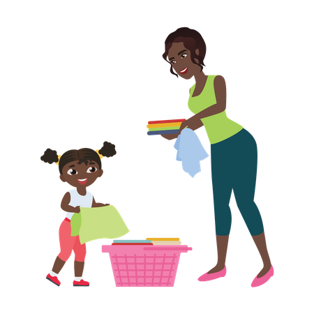 Little girl helping her mother to fold cloths  Illustration