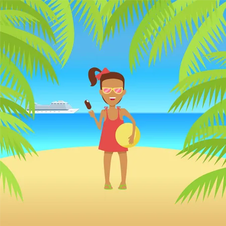 Beach With Sand And Palm Trees In Shiny Day Girl In Sunglasses With Ice Cream And A Ball In Her Hands Summer Vacation Concept Vector Illustration イラスト