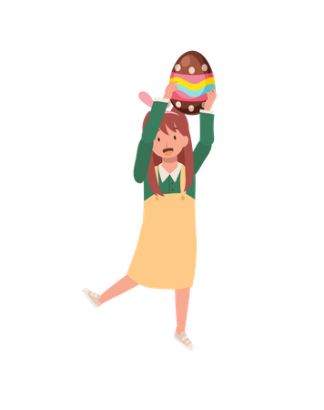 Little girl holding big easter egg upper head  Illustration