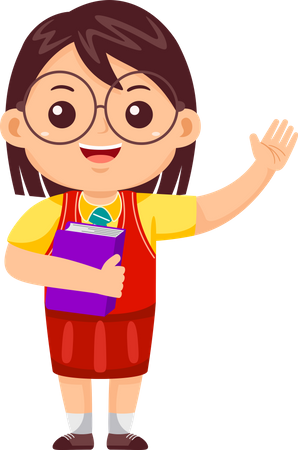 Little girl holding book and waving hand  Illustration