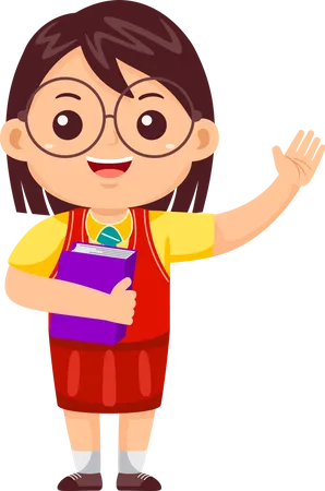 Little girl holding book and waving hand  Illustration