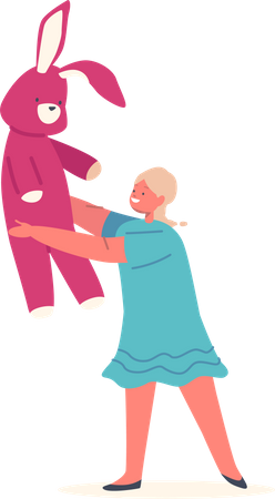 Little Girl Holding Bunny Toy Playing and Smiling Illustration