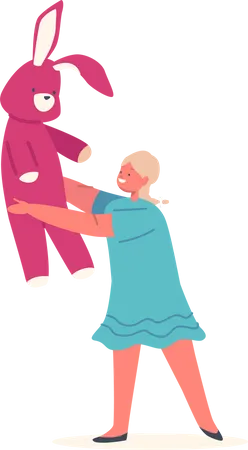 Little Girl Holding Bunny Toy Playing and Smiling  Illustration