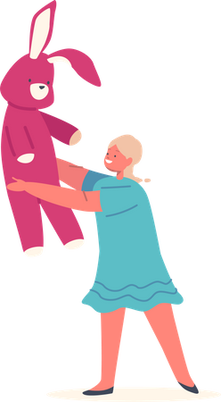 Little Girl Holding Bunny Toy Playing and Smiling  Illustration