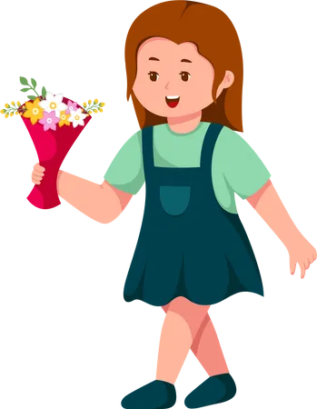 Little Girl Holding Flower bouquet  Illustration