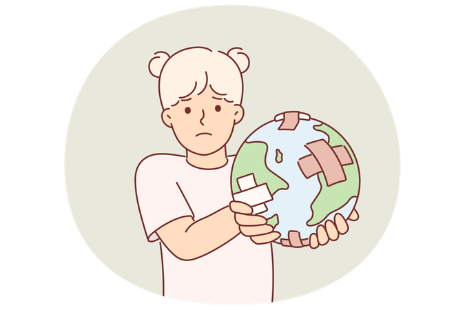 Little girl holding globe with band-aid, worrying about ECO issues and co2 carbon dioxide emissions  Illustration