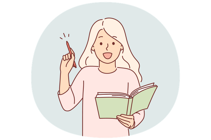 Little girl holding notepad and pen making list of gifts wants and writing them down in diary  Illustration