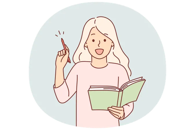 Little girl holding notepad and pen making list of gifts wants and writing them down in diary  Illustration