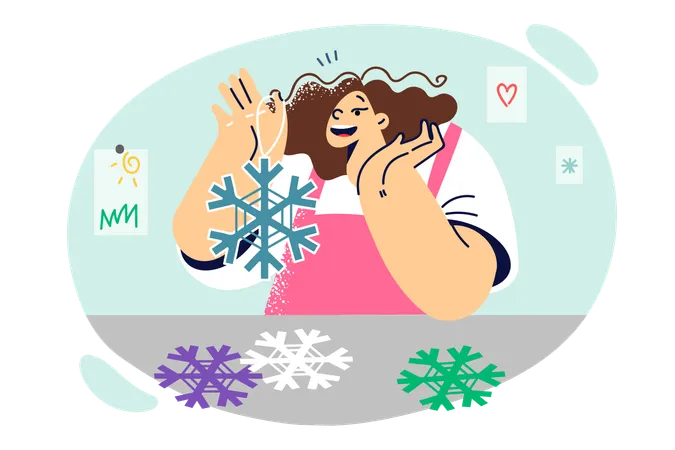 Little girl holding paper snowflakes to create christmas decorations for home with own hands  Illustration