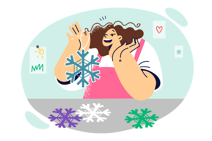 Little girl holding paper snowflakes to create christmas decorations for home with own hands  Illustration
