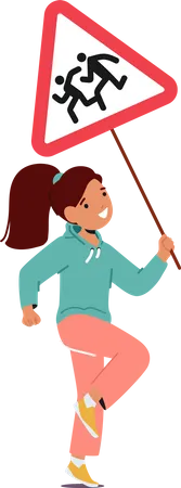 Little Girl Holding Road Sign With Running Kids  Illustration