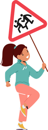 Little Girl Holding Road Sign With Running Kids  Illustration