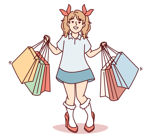 Little girl holding shopping bags  イラスト