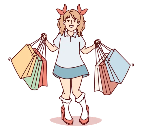 Little girl holding shopping bags  イラスト