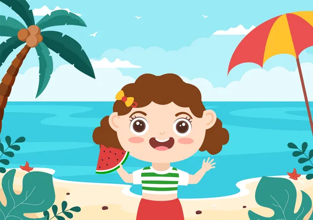 Little girl holding watermelon slice  Illustration