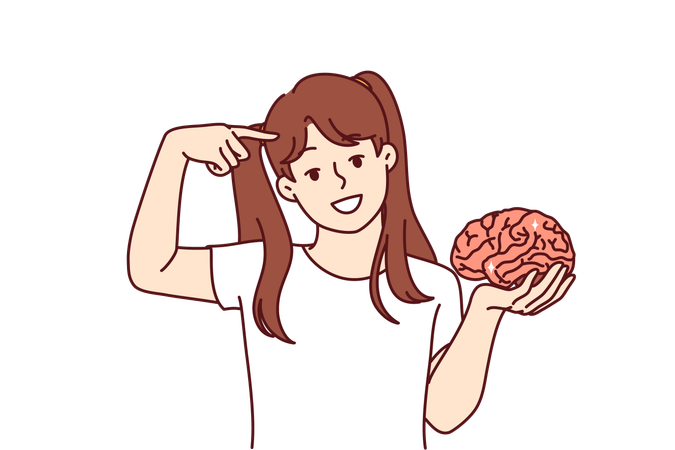 Little girl holds brain in hand and points finger at head  일러스트레이션
