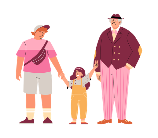 Little girl holds hand of adult woman and shows symbol of peace with fingers  Illustration
