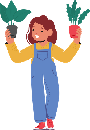 Little Girl Holds Houseplant In Hands  Illustration