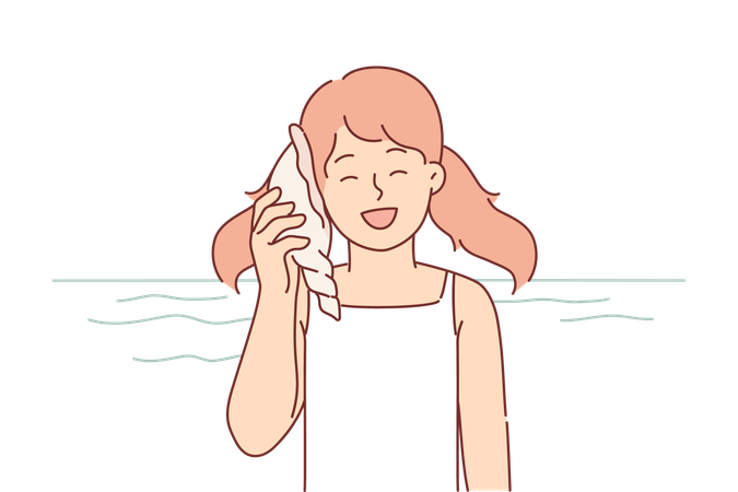 Little girl holds seashell to ear standing on beach  Illustration
