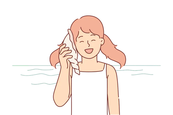 Little girl holds seashell to ear standing on beach  Illustration