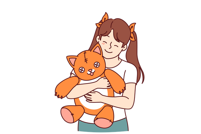Little girl holds toy cat and smiling  Illustration