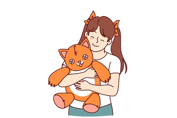 Little Girl Holds Plush Cat And Smiles And Rejoices At Presence Of Favorite Toy Positive Child With Toy Given By Mom Or Dad Enjoys Hugging Kitten For Concept Of Happy Childhood For Daughter Illustration