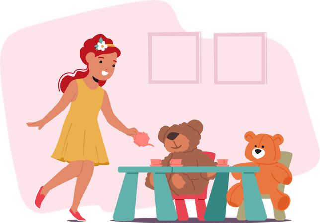 Little Girl Host Delightful Tea Party With Their Beloved Teddy Bears  イラスト