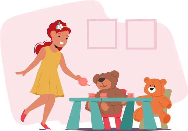 Little Girl Character Host A Delightful Tea Party With Their Beloved Teddy Bears Laughter Smiles And Endless Imagination Fill The Air As They Sip Imaginary Tea Cartoon People Vector Illustration Illustration