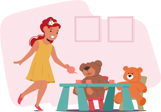 Little Girl Host Delightful Tea Party With Their Beloved Teddy Bears  Illustration