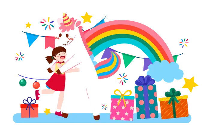 Little girl hugging unicorn Illustration