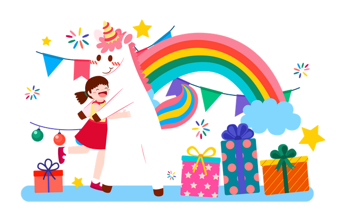 Little girl hugging unicorn  Illustration