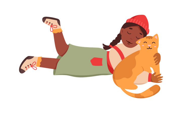 Little Girl Hugging With Cat  Illustration