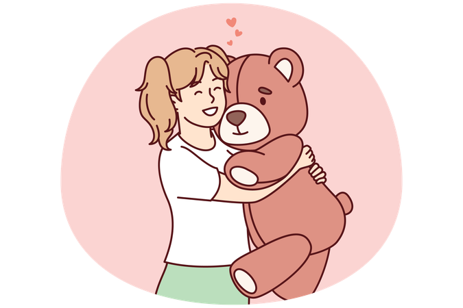Little girl hugs big favorite soft toy and smiles feeling affection of plush bear  Illustration