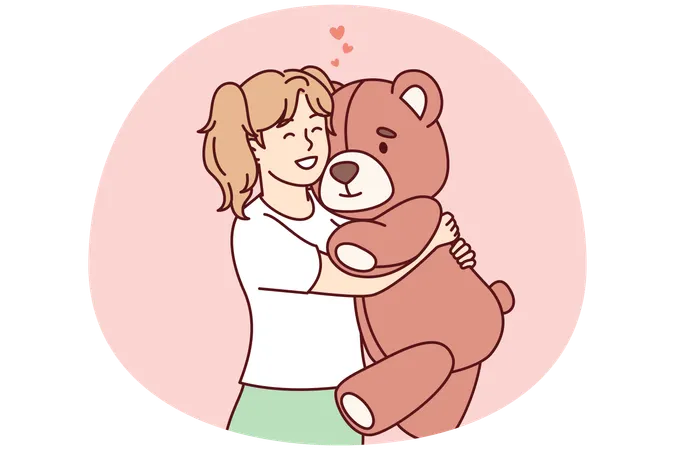 Little girl hugs big favorite soft toy and smiles feeling affection of plush bear  Illustration